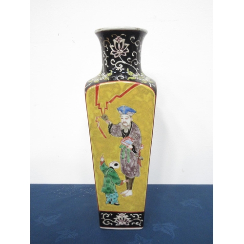 342 - A Chinese square section tapered Vase, enamelled figures on yellow ground, 13 1/2 in.