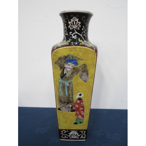 342 - A Chinese square section tapered Vase, enamelled figures on yellow ground, 13 1/2 in.