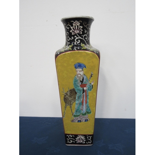 342 - A Chinese square section tapered Vase, enamelled figures on yellow ground, 13 1/2 in.