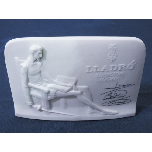 346 - A Lladro Collection Society Plaque, three Nao Figures, puppies playing, two geese and a pottery Figu... 