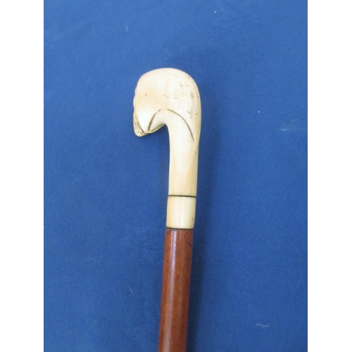 360 - A Malacca Cane with carved mask ivory handle.