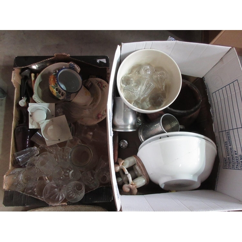 37 - Four boxes of assorted Pottery, China, Metalware and Glassware incuding Drinking Glasses, pewter Tan... 