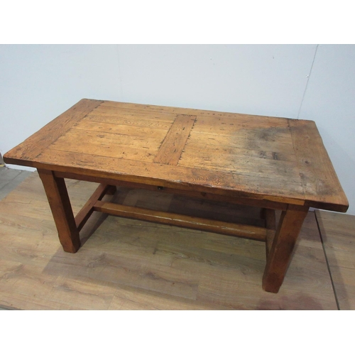 408 - An oak Kitchen Table with cleated top on squared supports, 5ft 3in L x 2ft 10in W x 2ft 6in H (exten... 