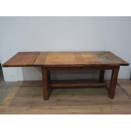 408 - An oak Kitchen Table with cleated top on squared supports, 5ft 3in L x 2ft 10in W x 2ft 6in H (exten... 