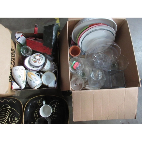 41 - Four boxes of Teawares, Jugs, Scallop Shells, copper Mixing Bowl, two Coldstone brown glazed Dishes,... 