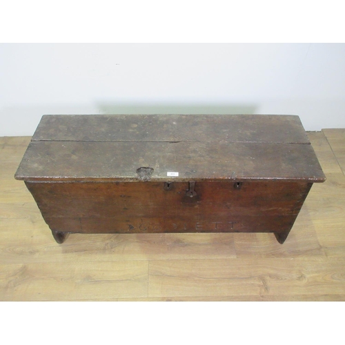 433 - A 17th Century oak Church Coffer with interior box and inscribed 1663 IETT, 4 ft 2 in W x 1 ft 10 in... 