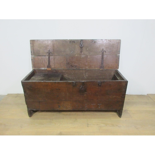 433 - A 17th Century oak Church Coffer with interior box and inscribed 1663 IETT, 4 ft 2 in W x 1 ft 10 in... 