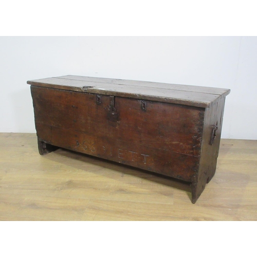 433 - A 17th Century oak Church Coffer with interior box and inscribed 1663 IETT, 4 ft 2 in W x 1 ft 10 in... 