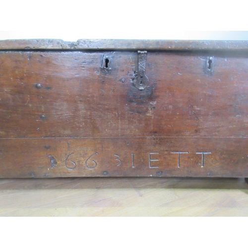 433 - A 17th Century oak Church Coffer with interior box and inscribed 1663 IETT, 4 ft 2 in W x 1 ft 10 in... 