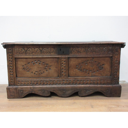 480 - A 17th Century and later oak Joined Chest with two plank moulded lid above lunette carved frieze and... 