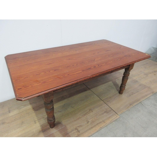 482 - A Victorian pitch pine topped Farmhouse Table with chamfered corners mounted upon turned supports 6f... 