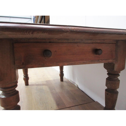 482 - A Victorian pitch pine topped Farmhouse Table with chamfered corners mounted upon turned supports 6f... 