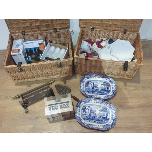 526 - Two wicker Hampers containing Teawares, blue and white Meat Plate, a Lamp Shade and a Victorian iron... 