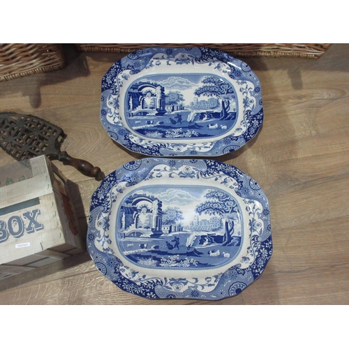 526 - Two wicker Hampers containing Teawares, blue and white Meat Plate, a Lamp Shade and a Victorian iron... 