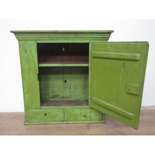 548 - A rustic green painted pine Wall Cupboard fitted fielded panel door above two drawers 2ft 4in H x 2f... 