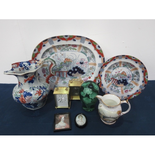 57 - A Masons Ironstone Jug, Bowl and Platter (all A/F), a reproduction Coalport Ironbridge Jug, an old g... 