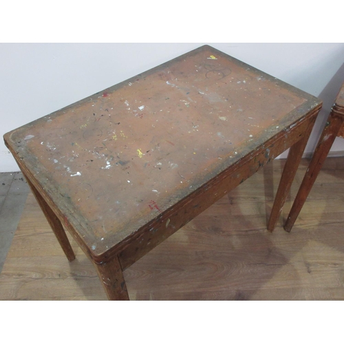 60 - Two oak School Desks with inset writing surfaces, bearing Ministry Stamps on underside