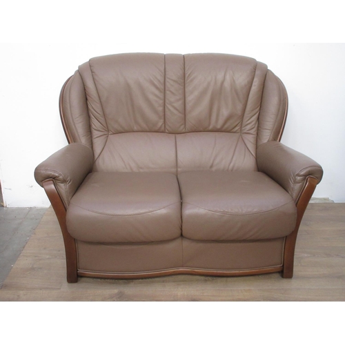 614 - A brown leather style three piece Suite with wooden frame, sette 4ft 6in W