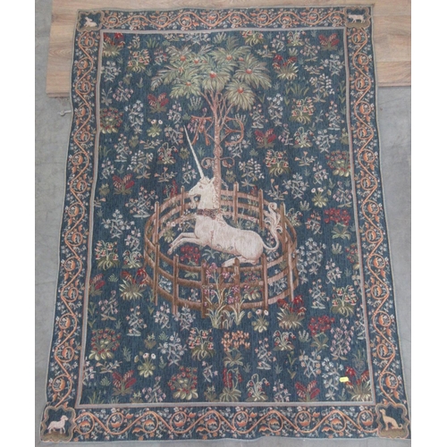 628 - A needlepoint Tapestry in the Medieval style depicting a Unicorn 4ft 6in H x 3ft 6in W and oak frame... 