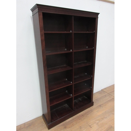 632 - A reproduction mahogany open Bookcase with two bays of adjustable shelves beneath dentil frieze 6ft ... 