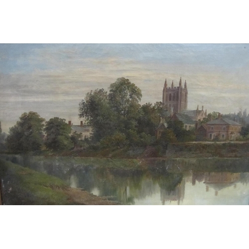 154 - W. REEVES. The Cathedral, Hereford, signed on the reverse, oil on canvas, 16 x 24 in; and a miscella... 