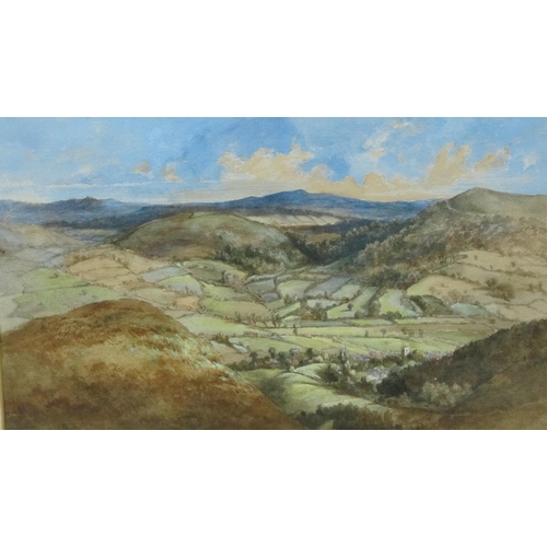 153 - E.HALL. An extensive landscape overlooking Church Stretton, Shropshire, signed, watercolour, 12 x 19... 