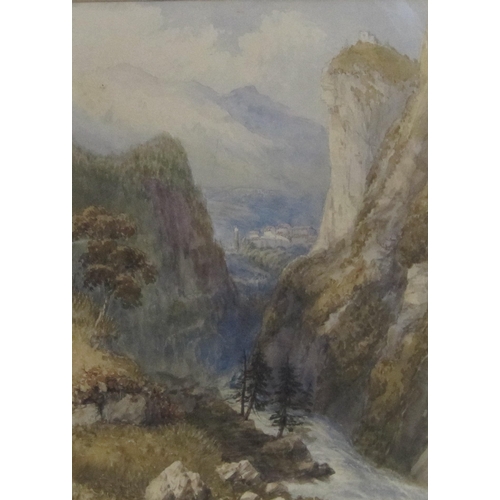 155 - PHILLIP MITCHELL. A Continental landscape with buildings beyond a rocky gorge, signed, watercolour, ... 