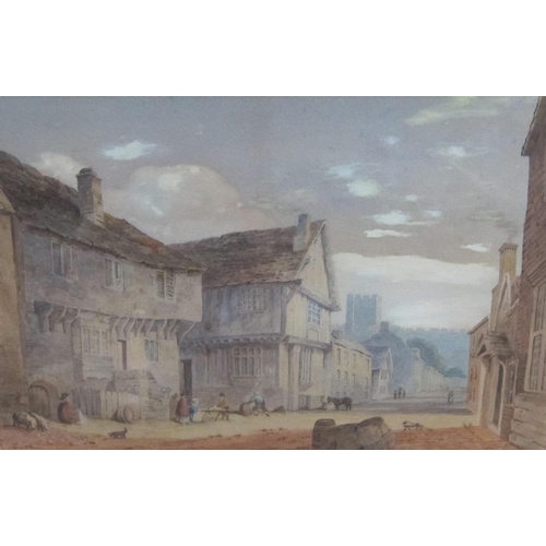 156 - Circle of JOHN VARLEY. Street scene with figures, said to be at Chester, watercolour, 11 x 16 in.