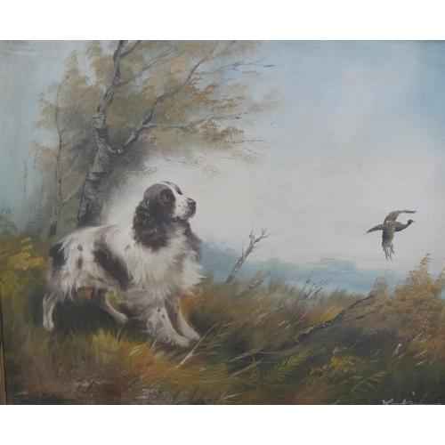 162 - EUGENE KINGMAN. A Spaniel flushing out a pheasant from undergrowth, signed, oil on canvas, 20 x 24 i... 