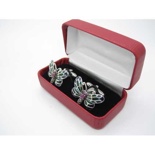 101 - A pair of Plique a Jour Butterfly Cufflinks set stones and marcasite to body, stamped 925, cased