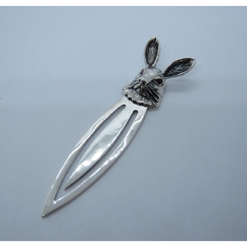 97 - A small silver Bookmark with rabbit head finial, stamped STERLING