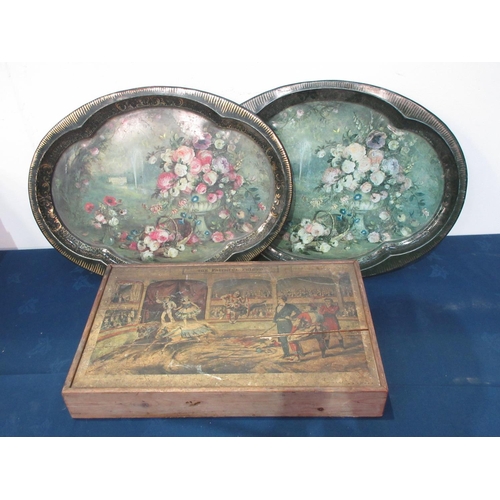 190 - A Victorian wooden block Puzzle in box and a pair of reproduction tin toleware style Trays