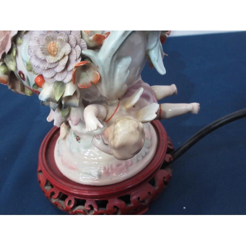 195 - A Continental porcelain Table Lamp with floral encrusted and putti decoration 1ft 4in H A/F, a brass... 