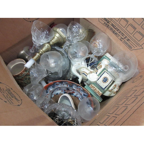 561 - Three boxes of china, glass, raquets, etc.