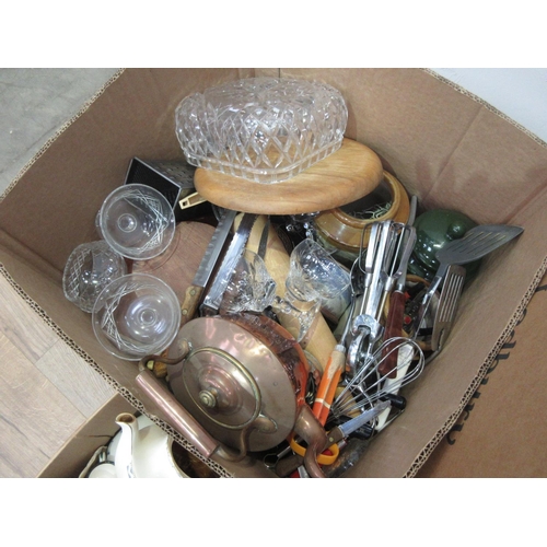 561 - Three boxes of china, glass, raquets, etc.