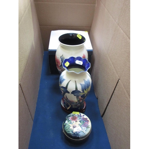 55 - Two Old Tupton Ware floral decorated Vases, a lidded circular Trinket Box and a squat Vase in box