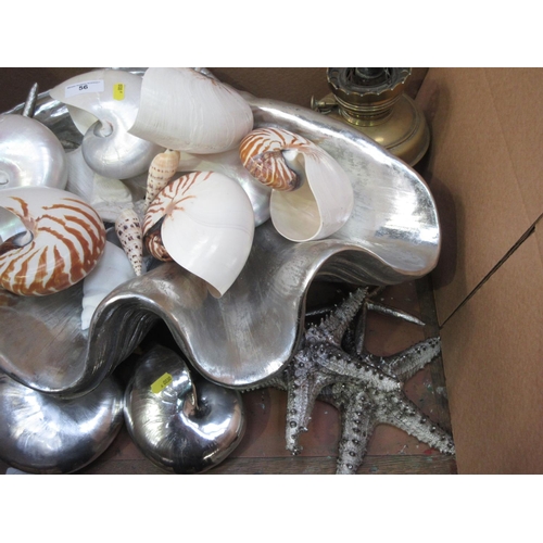 56 - A collection of real and imitation Shells including Nautilus and Scallops, two silver painted Starfi... 