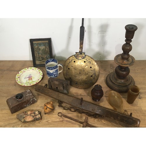 371 - A turned oak Candlestick, an antique Bed Pan, a Meat Skewer, Fire Irons, treen Spinning Top, 19th Ce... 