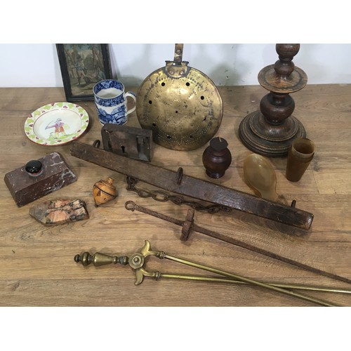 371 - A turned oak Candlestick, an antique Bed Pan, a Meat Skewer, Fire Irons, treen Spinning Top, 19th Ce... 