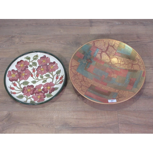 487 - A Studio Pottery Charger with gilded geometric design and a floral patterned Shallow Dish