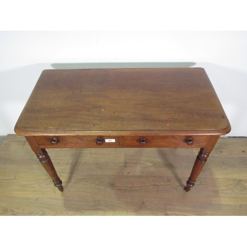 492 - A Victorian mahogany Side Table fitted two frieze drawers with knobs mounted on turned and tapering ... 