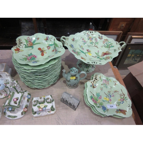 524 - A 19th Century green part Dessert Service decorated with butterflies (some with cracks), a Tea Pot, ... 