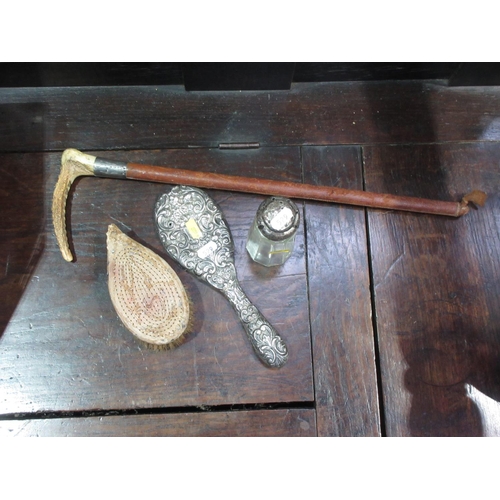 529 - An antler handled Riding Crop with silver collar, a silver topped Powder Dispenser and a silver back... 