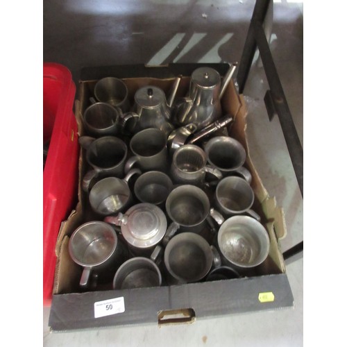 50 - Three boxes of metalware including a Stool, pewter Tankards, pair of Regency style silver plated sho... 