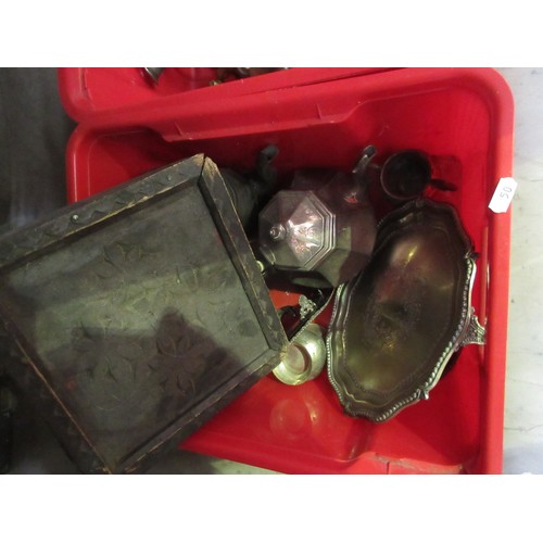 50 - Three boxes of metalware including a Stool, pewter Tankards, pair of Regency style silver plated sho... 