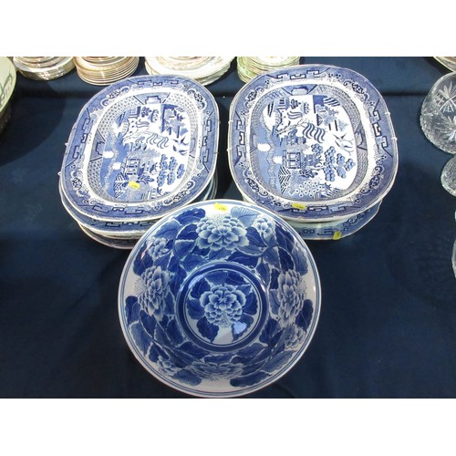 205 - Ten 19th Century blue and white Meat Dishes and a Chinese style blue and white Bowl