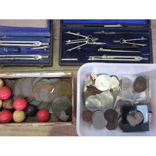 366 - Two sets of Drawing Instruments, small quantity of Coins, brass Frog Pin Cushion, Hop Pickers Tallie... 