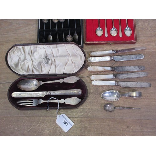 368 - A Victorian silver Christening Knife, Fork and Spoon, six silver Coffee Bean Spoons, five silver Tea... 