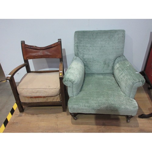 541 - An oak reclining Steamer Chair 2ft 3in W, a green upholstered Armchair on turned supports and caster... 