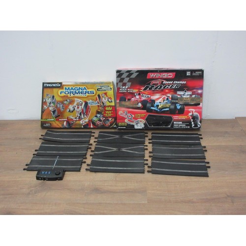 355 - A Wingo Racing Car Game, a Magnetix Game and a box of Scalextric track